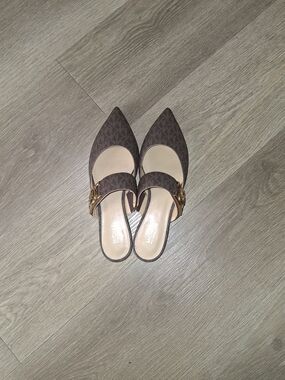 Michael Kors Brown Logo Pointed Mules with Gold Buckle